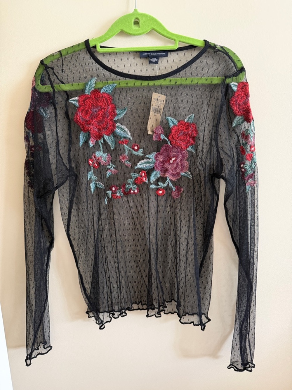 American Eagle Outfitters Black Sheer Long-Sleeve Top with Red Floral Embroidery